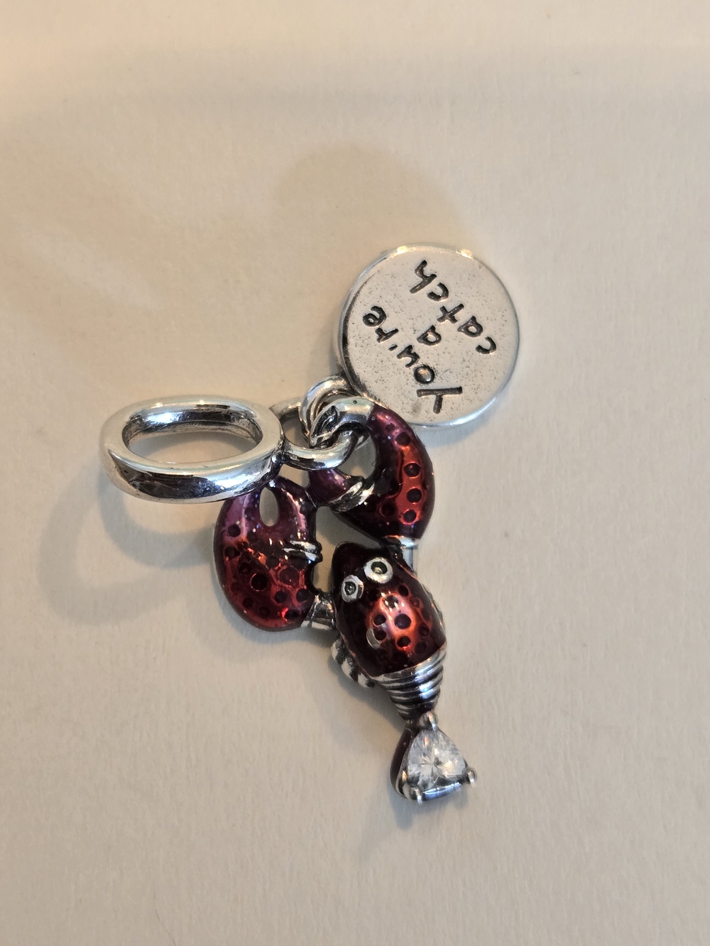 Red Enamel Lobster Charm with Dangle Stone